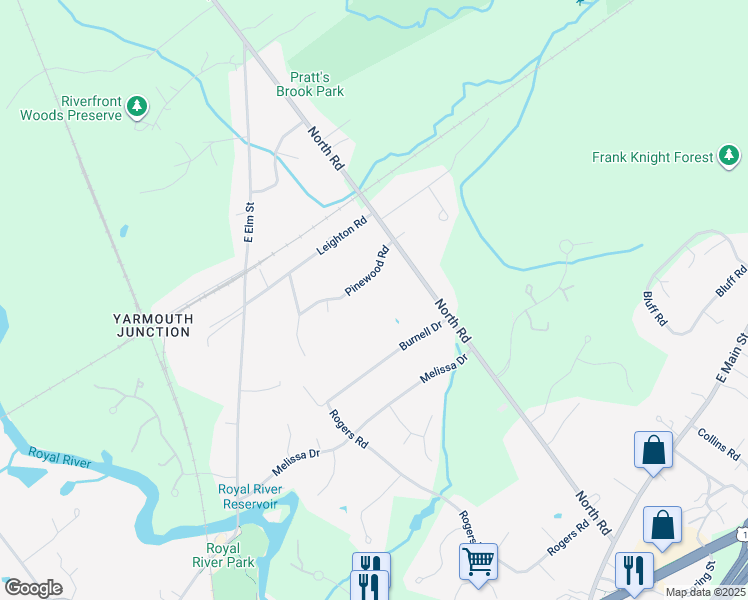 map of restaurants, bars, coffee shops, grocery stores, and more near 44 Pinewood Road in Yarmouth