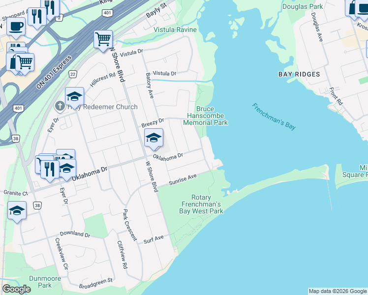 map of restaurants, bars, coffee shops, grocery stores, and more near in Pickering