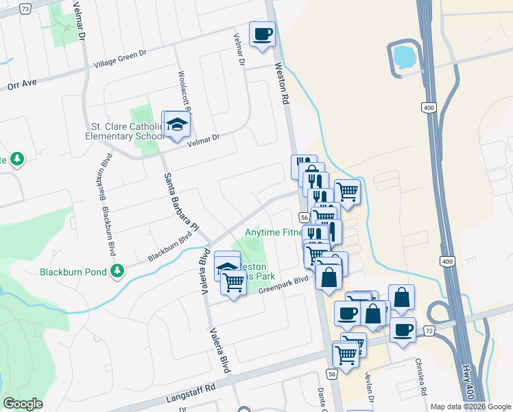 map of restaurants, bars, coffee shops, grocery stores, and more near 328 Valeria Boulevard in Vaughan