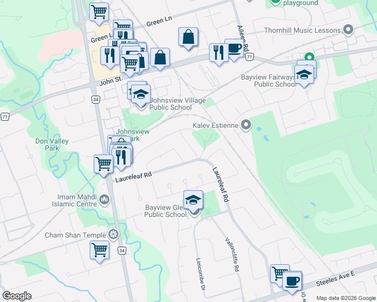 map of restaurants, bars, coffee shops, grocery stores, and more near 8 Multiflora Place in Markham