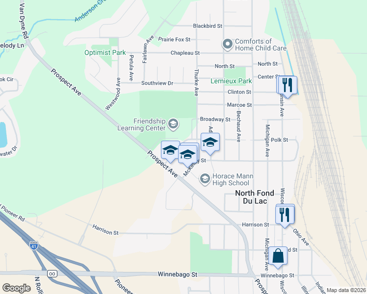 map of restaurants, bars, coffee shops, grocery stores, and more near 315 Polk Street in North Fond du Lac