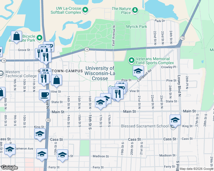 map of restaurants, bars, coffee shops, grocery stores, and more near 1707 Pine Street in La Crosse