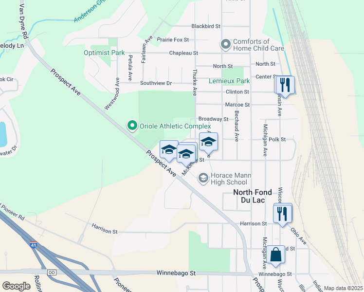 map of restaurants, bars, coffee shops, grocery stores, and more near 307 Polk Street in North Fond du Lac