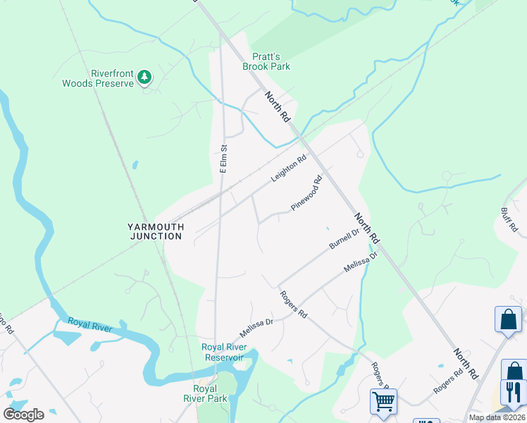 map of restaurants, bars, coffee shops, grocery stores, and more near 87 Pinewood Road in Yarmouth