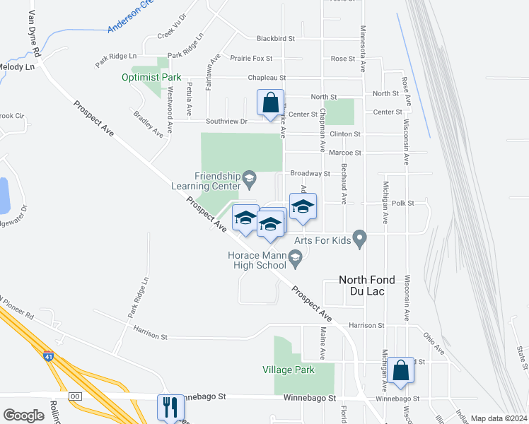 map of restaurants, bars, coffee shops, grocery stores, and more near 307 Polk Street in North Fond du Lac