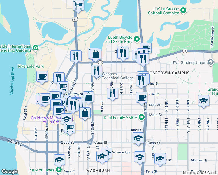 map of restaurants, bars, coffee shops, grocery stores, and more near 402 8th Street North in La Crosse