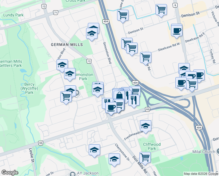 map of restaurants, bars, coffee shops, grocery stores, and more near 449 Simonston Boulevard in Markham