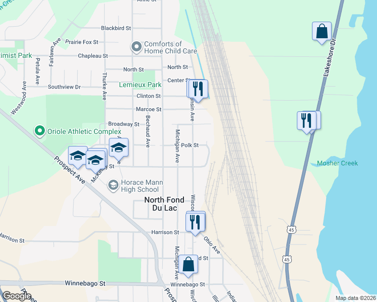 map of restaurants, bars, coffee shops, grocery stores, and more near 1024 Michigan Avenue in North Fond du Lac