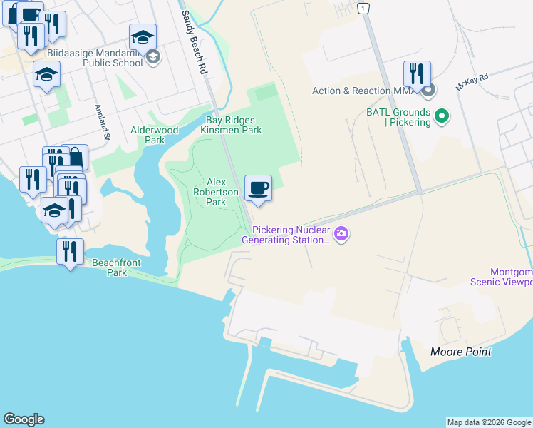 map of restaurants, bars, coffee shops, grocery stores, and more near 675 Sandy Beach Road in Pickering