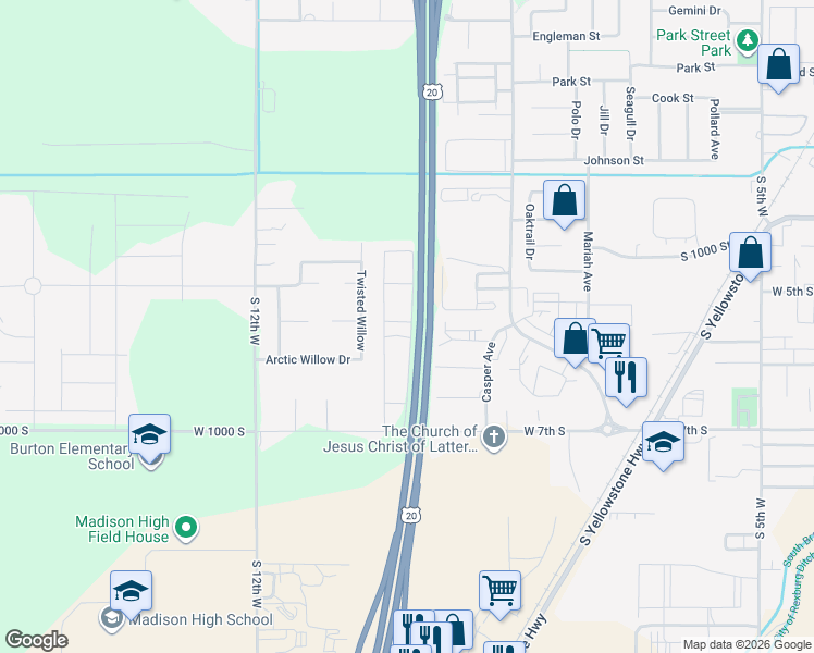 map of restaurants, bars, coffee shops, grocery stores, and more near 530 Sunflower Road in Rexburg