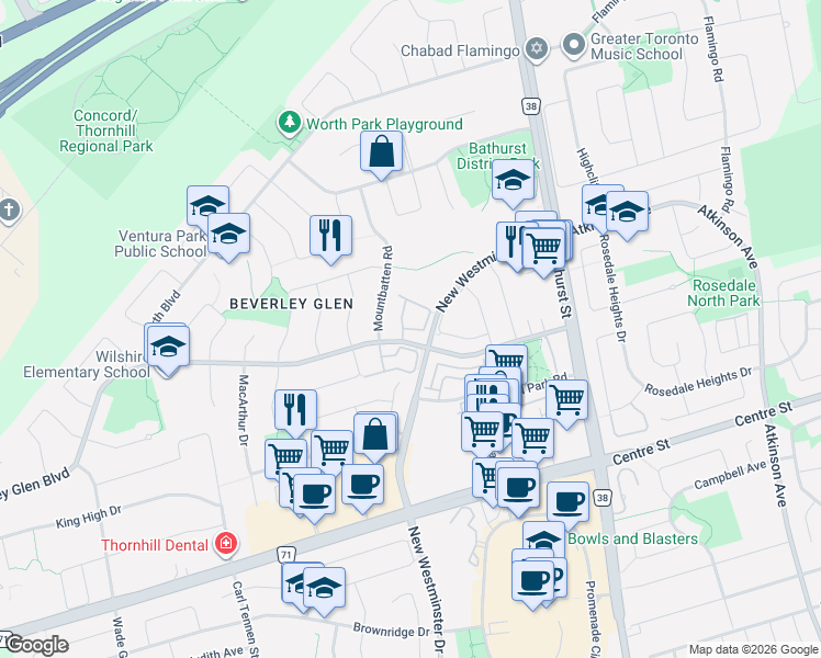 map of restaurants, bars, coffee shops, grocery stores, and more near Alameda Circle in Vaughan