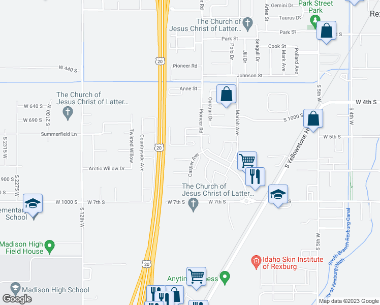 map of restaurants, bars, coffee shops, grocery stores, and more near 882 Everett Place in Rexburg