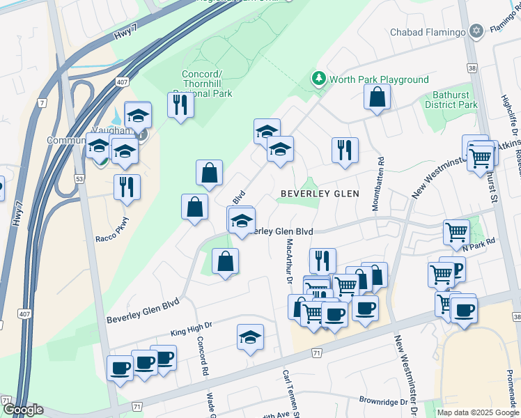 map of restaurants, bars, coffee shops, grocery stores, and more near 96 Ventura Way in Vaughan