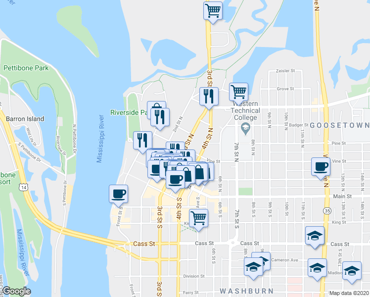 map of restaurants, bars, coffee shops, grocery stores, and more near 304 3rd Street North in La Crosse
