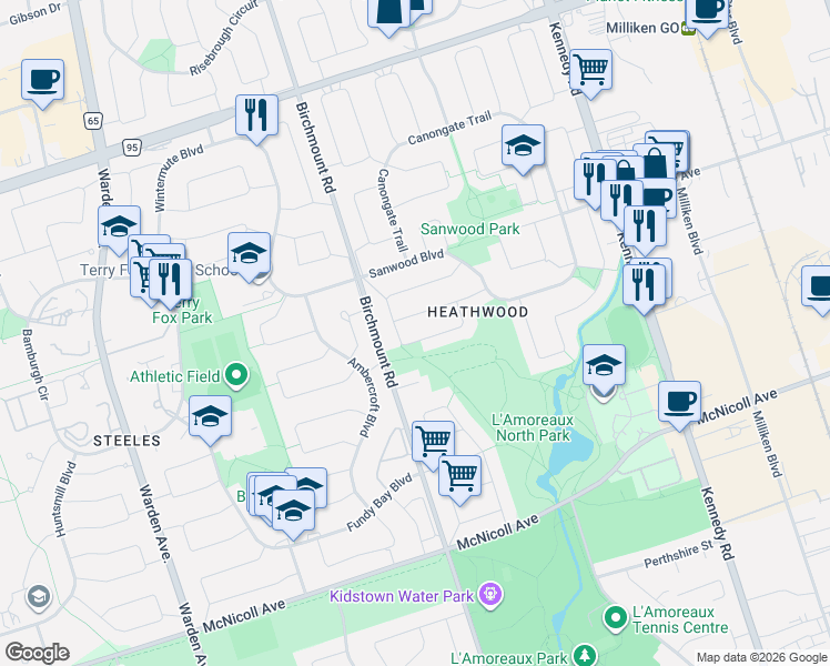map of restaurants, bars, coffee shops, grocery stores, and more near 49 Burnt Bark Drive in Toronto