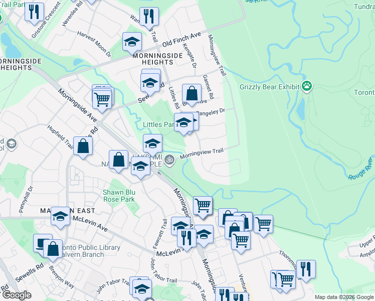 map of restaurants, bars, coffee shops, grocery stores, and more near 60 Morningview Trail in Toronto