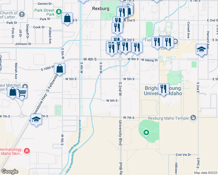 map of restaurants, bars, coffee shops, grocery stores, and more near 220 Grandview Drive in Rexburg