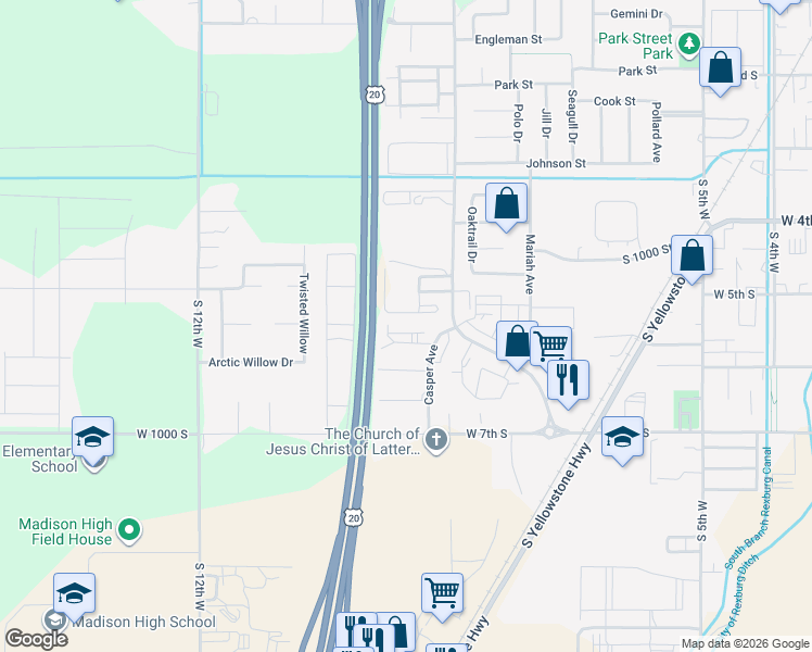 map of restaurants, bars, coffee shops, grocery stores, and more near 490 Pioneer Road in Rexburg