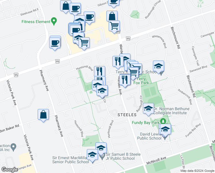 map of restaurants, bars, coffee shops, grocery stores, and more near 75 Bamburgh Circle in Toronto