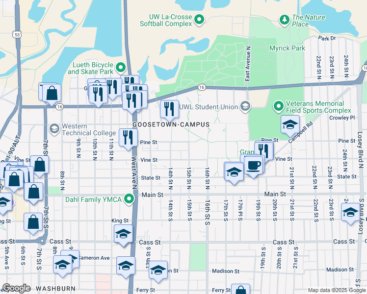 map of restaurants, bars, coffee shops, grocery stores, and more near 1426 Pine Street in La Crosse