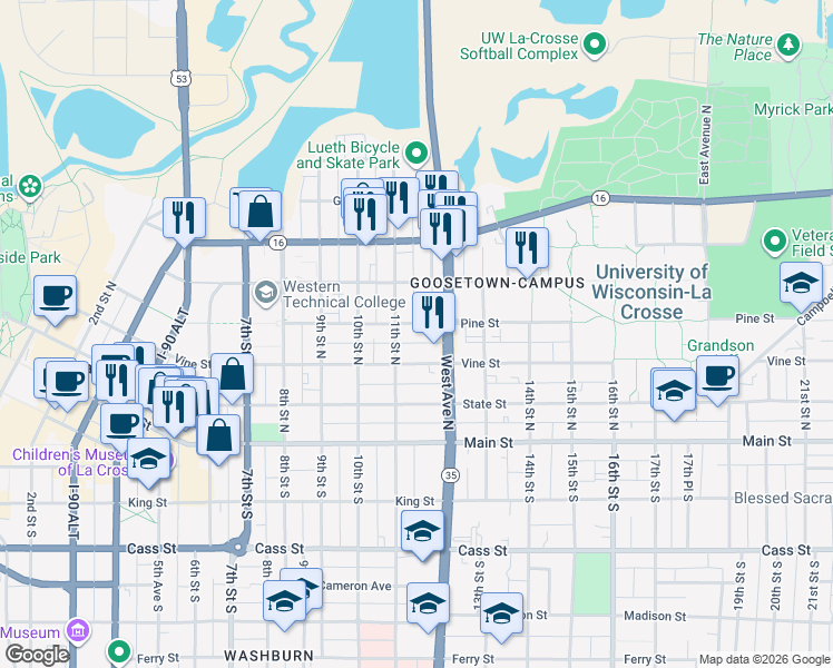 map of restaurants, bars, coffee shops, grocery stores, and more near 1110 Pine Street in La Crosse