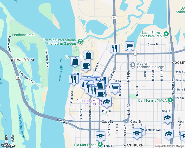 map of restaurants, bars, coffee shops, grocery stores, and more near 220 2nd Street North in La Crosse
