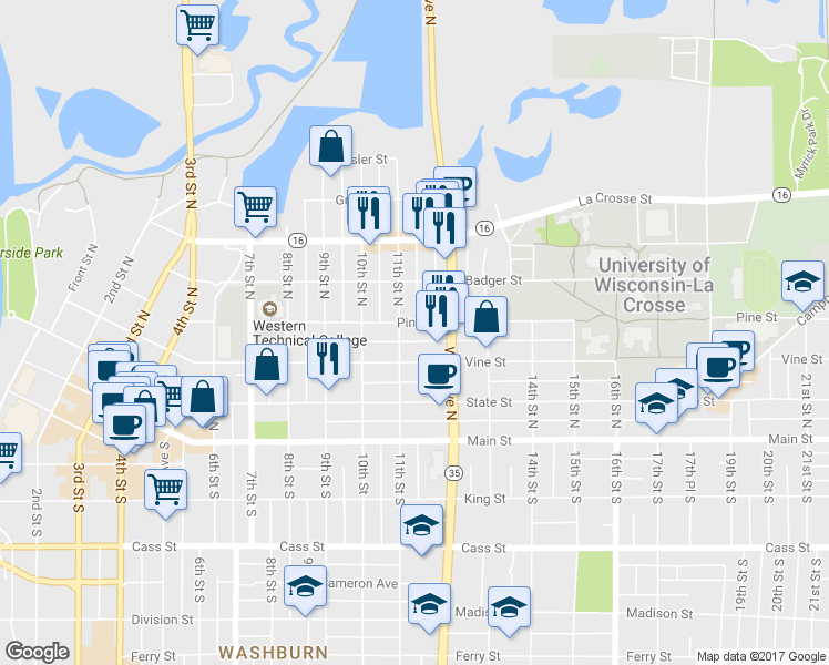 map of restaurants, bars, coffee shops, grocery stores, and more near 1110 Pine Street in La Crosse