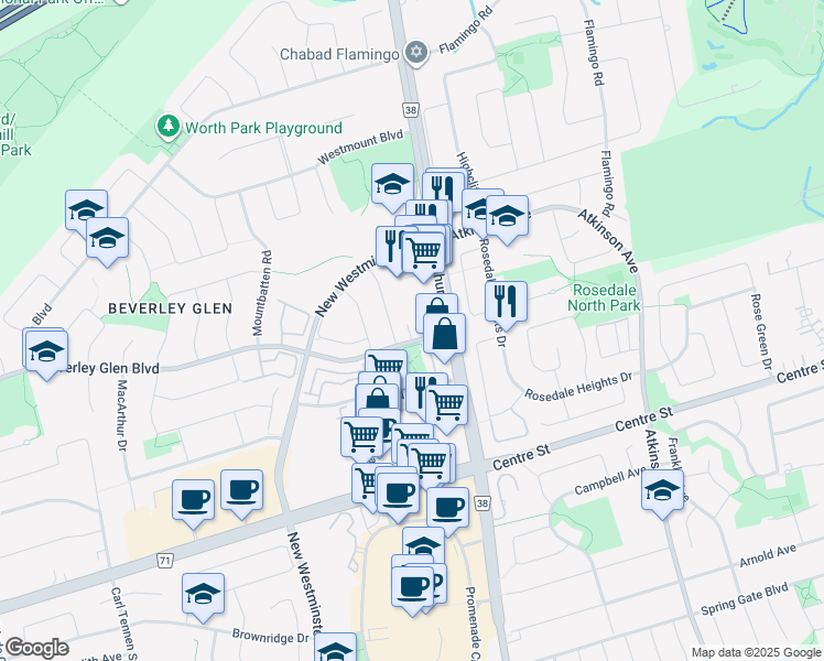 map of restaurants, bars, coffee shops, grocery stores, and more near 8 Beverley Glen Boulevard in Vaughan