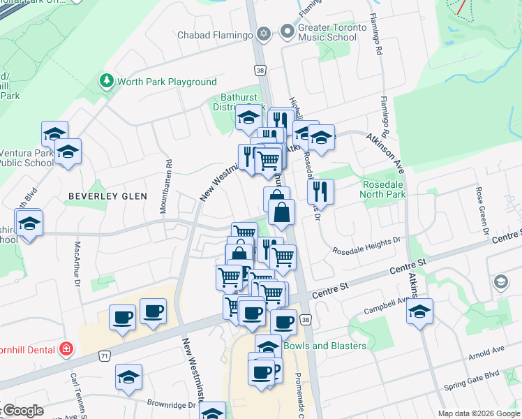 map of restaurants, bars, coffee shops, grocery stores, and more near 8 Beverley Glen Boulevard in Vaughan