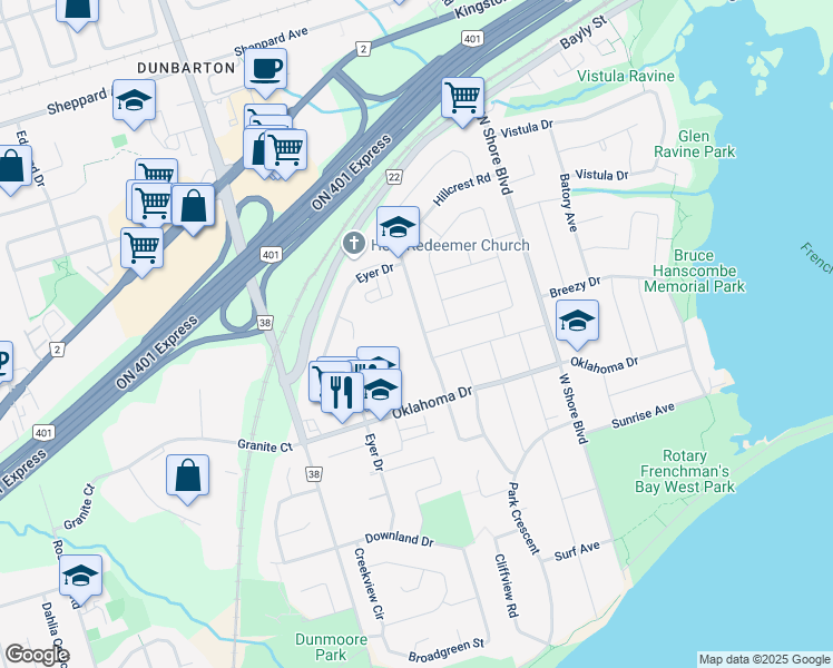 map of restaurants, bars, coffee shops, grocery stores, and more near 776 Hillcrest Road in Pickering