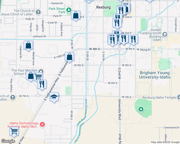 map of restaurants, bars, coffee shops, grocery stores, and more near 549 South 4th West in Rexburg