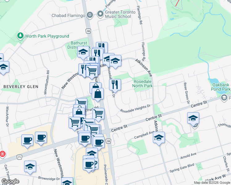 map of restaurants, bars, coffee shops, grocery stores, and more near 198 Rosedale Heights Drive in Vaughan