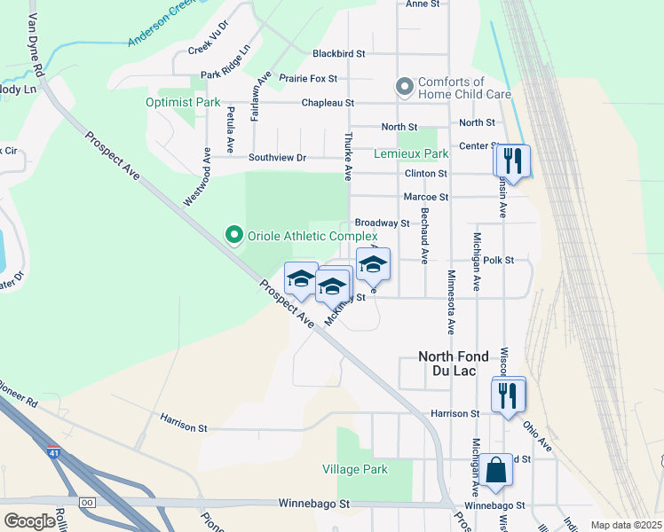 map of restaurants, bars, coffee shops, grocery stores, and more near 307 Polk Street in North Fond du Lac