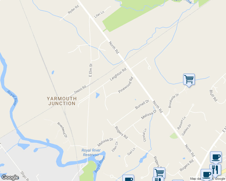 map of restaurants, bars, coffee shops, grocery stores, and more near 87 Pinewood Rd in Yarmouth