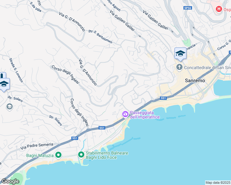 map of restaurants, bars, coffee shops, grocery stores, and more near 60 Via Roccasterone in Sanremo