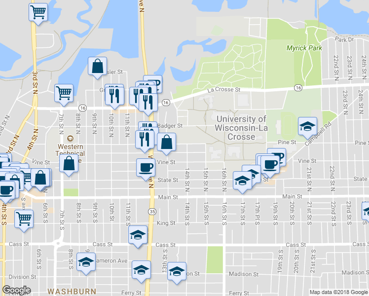 map of restaurants, bars, coffee shops, grocery stores, and more near 1334 Pine Street in La Crosse