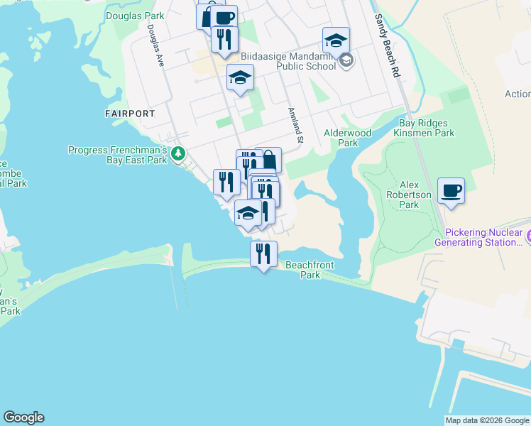 map of restaurants, bars, coffee shops, grocery stores, and more near 607 Liverpool Road in Pickering