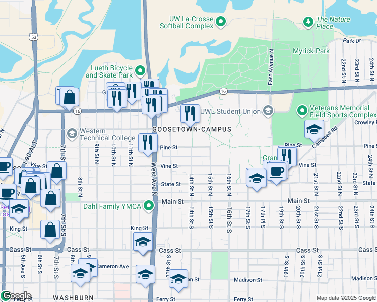 map of restaurants, bars, coffee shops, grocery stores, and more near 1334 Pine Street in La Crosse