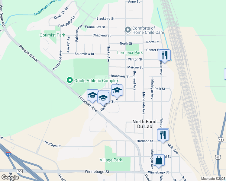 map of restaurants, bars, coffee shops, grocery stores, and more near 255 Polk Street in North Fond du Lac