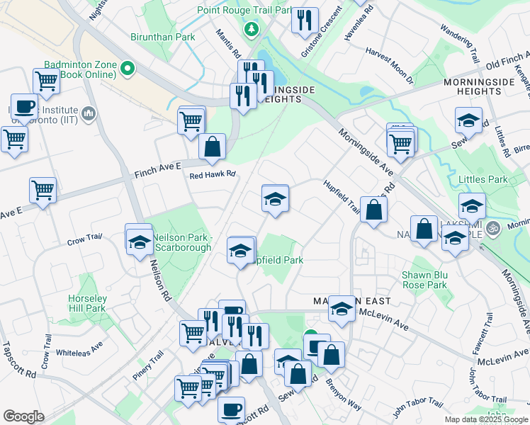 map of restaurants, bars, coffee shops, grocery stores, and more near 1 Lady Bower Crescent in Toronto