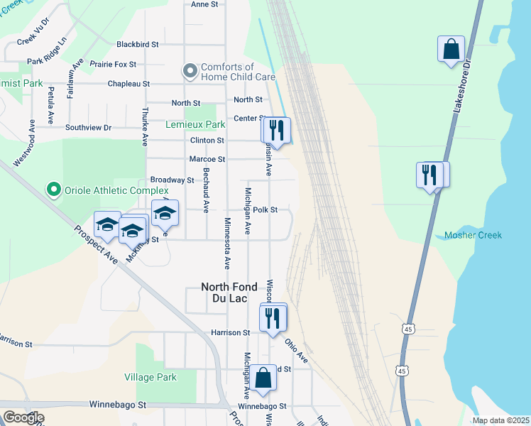 map of restaurants, bars, coffee shops, grocery stores, and more near 1025 Wisconsin Avenue in North Fond du Lac