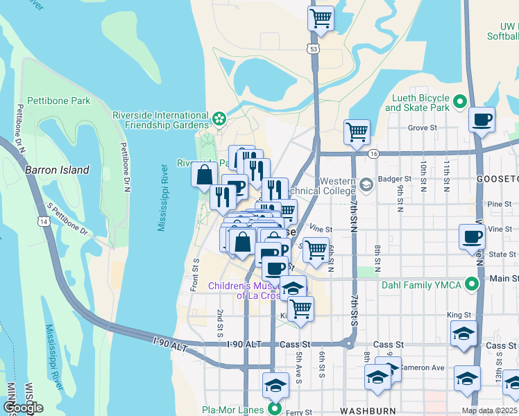 map of restaurants, bars, coffee shops, grocery stores, and more near 220 2nd Street North in La Crosse