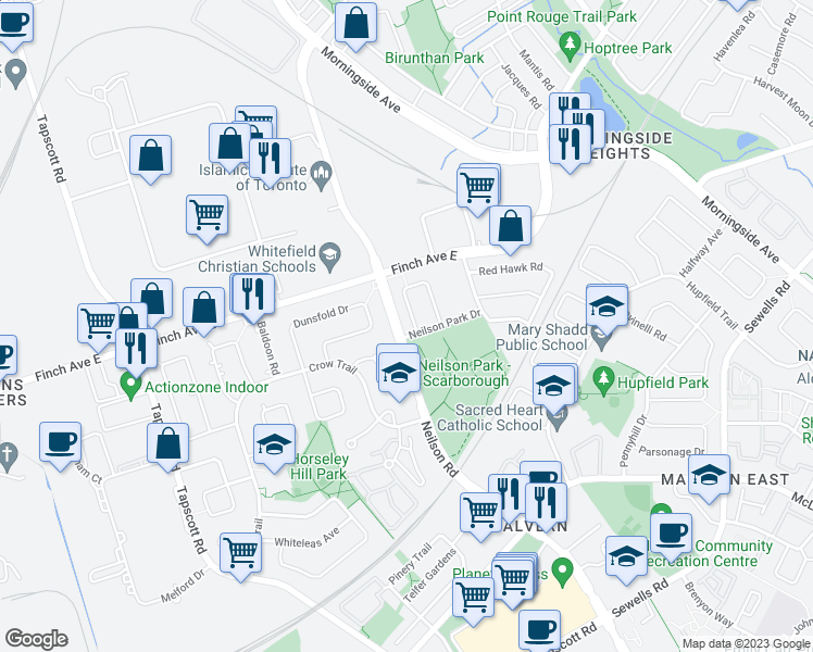 map of restaurants, bars, coffee shops, grocery stores, and more near 6 Mourning Dove Crescent in Toronto
