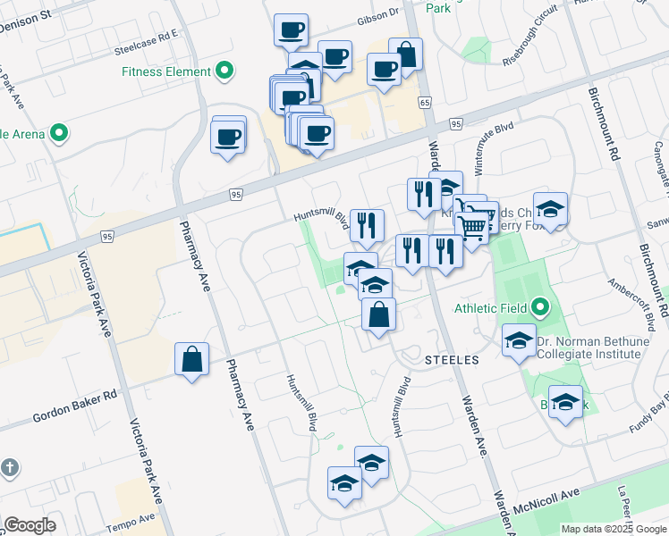 map of restaurants, bars, coffee shops, grocery stores, and more near 70 Bamburgh Circle in Toronto