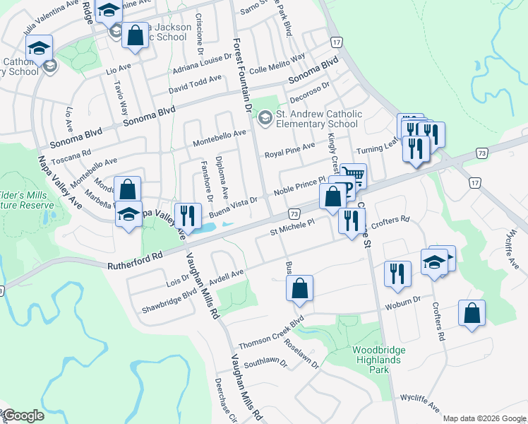 map of restaurants, bars, coffee shops, grocery stores, and more near 18 Forest Fountain Drive in Vaughan