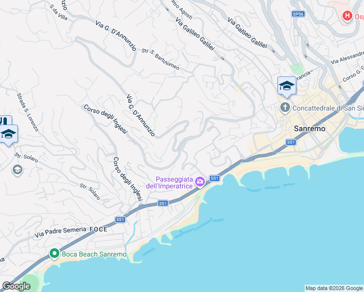 map of restaurants, bars, coffee shops, grocery stores, and more near 60 Via Roccasterone in Sanremo