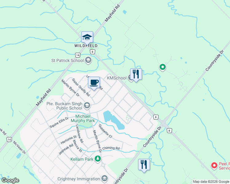map of restaurants, bars, coffee shops, grocery stores, and more near 18 Squire Ellis Drive in Brampton