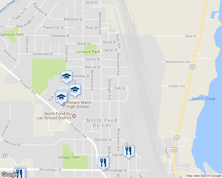 map of restaurants, bars, coffee shops, grocery stores, and more near 1024 Michigan Avenue in North Fond du Lac