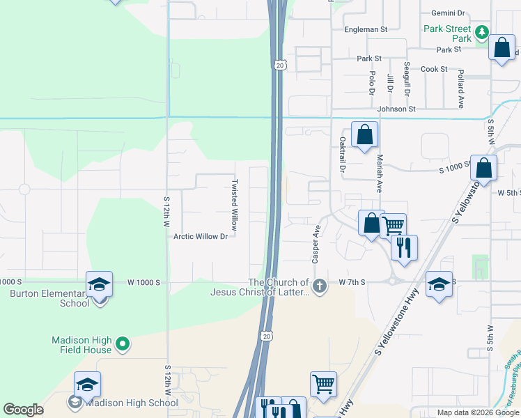 map of restaurants, bars, coffee shops, grocery stores, and more near 530 Sunflower Road in Rexburg