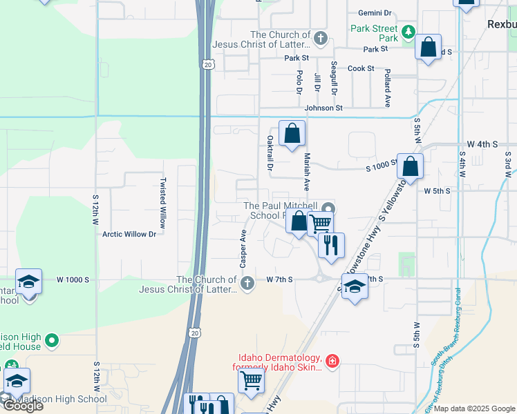 map of restaurants, bars, coffee shops, grocery stores, and more near 490 Pioneer Road in Rexburg